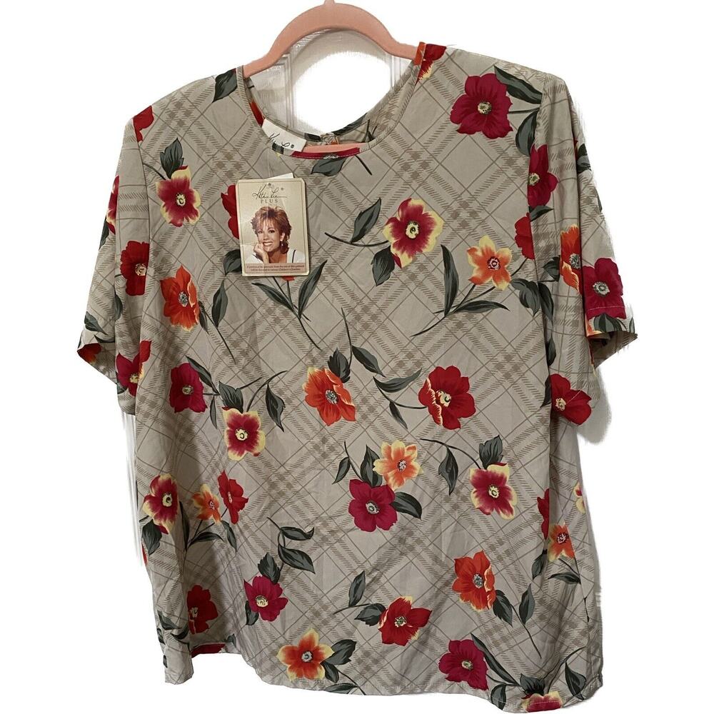 Kathie Lee Womens 18 W Blouse Floral Print Polyester Short Sleeve NWT Grannycore